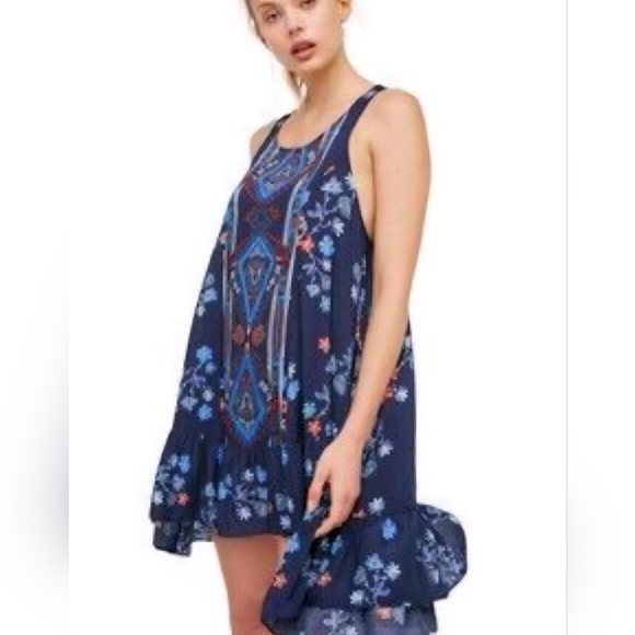 Free People Dress Anka Boarder Print Boho Flare Aztec Floral Print Womans XS - Picture 1 of 7